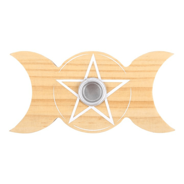 Triple Moon Spell Candle Holder in Natural Wood