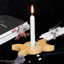 Lade das Bild in den Galerie-Viewer, Radiant Triple Moon Spell Candle Holder in Natural Wood
