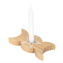 Lade das Bild in den Galerie-Viewer, Radiant Triple Moon Spell Candle Holder in Natural Wood

