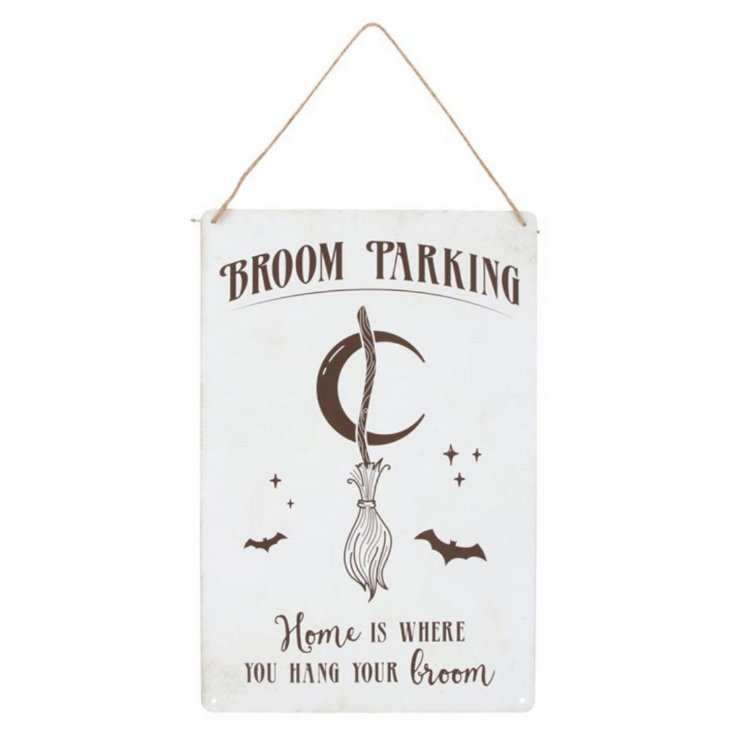 Whimsical Broom Parking Metal Sign - Home is where you hang your broom