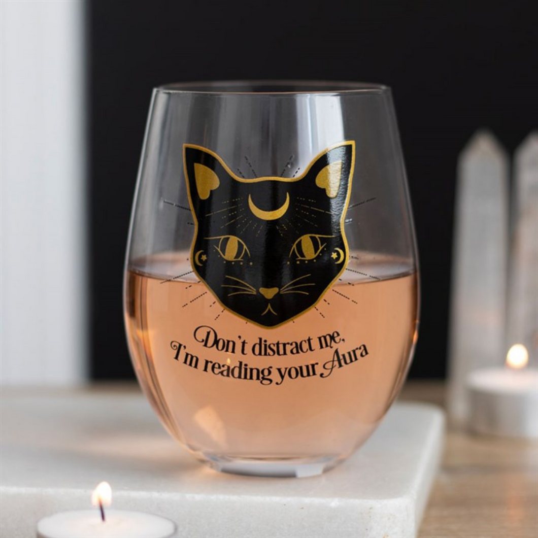 Mystical Black Cat Aura Reading Stemless Wine Glass